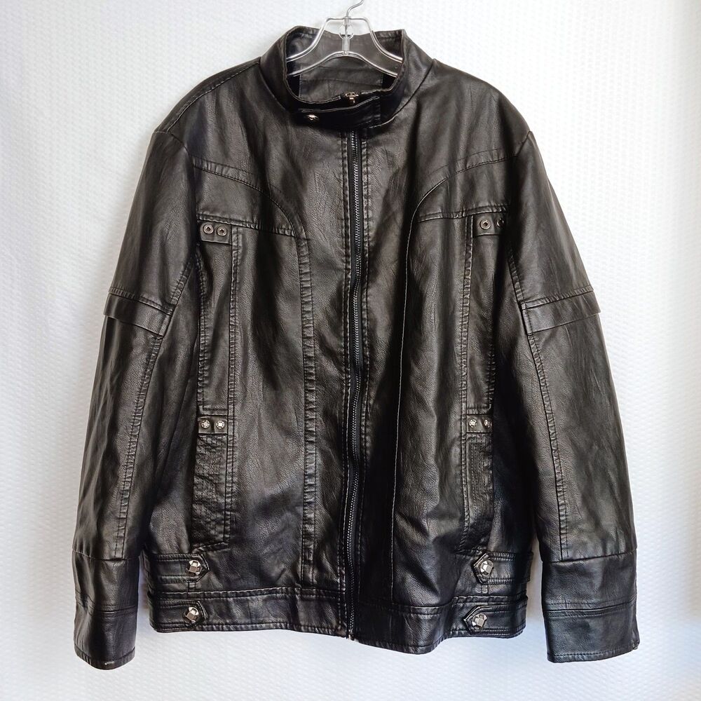 WULFUL Mens Black Faux Leather Motorcycle Jacket Size L Excellent Condition Moto